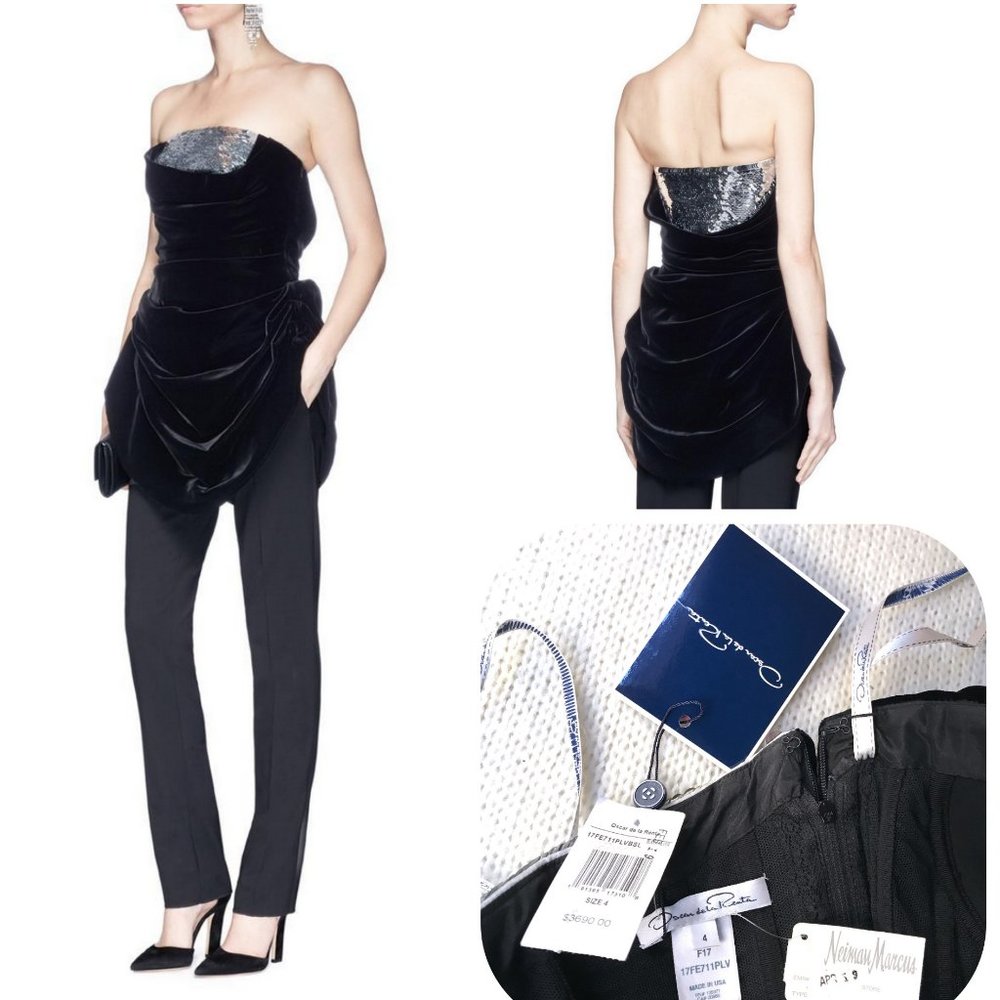 Oscar de la Renta Sequin/Velvet Gathered Tube Top